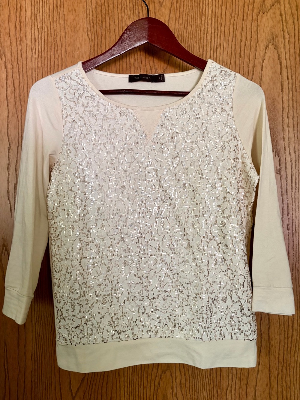 The Limited Cream Sequin Lace Front 3/4 Sleeve Top